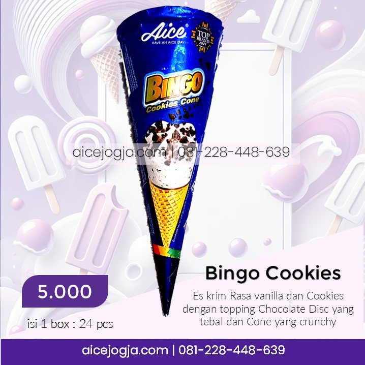 es krim aice bingo cookies cone, agen aice terdekat di jogja harga grosir, aicejogja.com