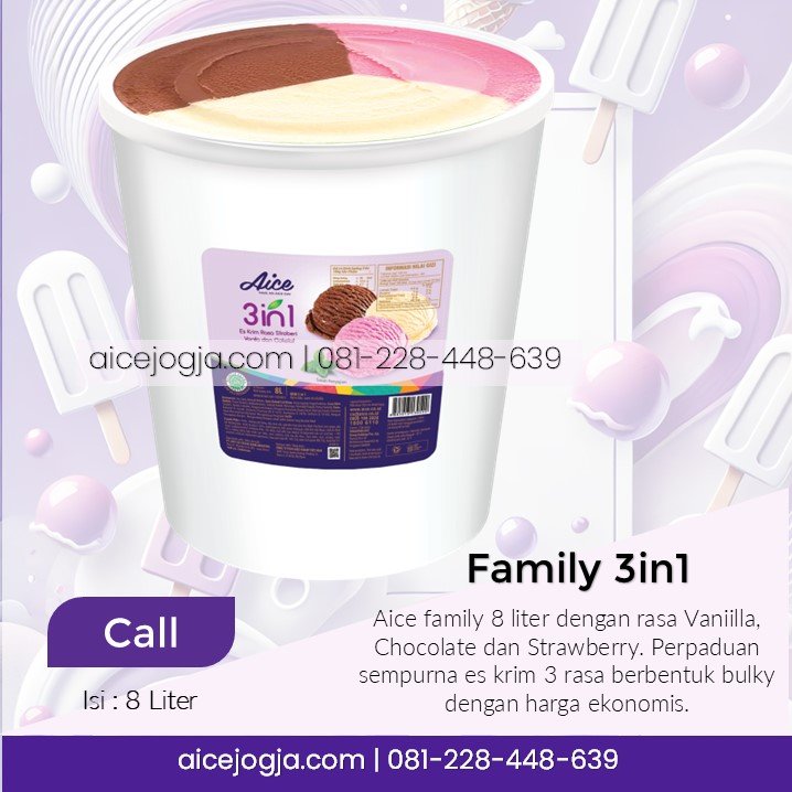 es krim aice emberan 8 liter family 3in1 3 tiga rasa neapolitan untuk pernikahan wedding pesta kafe dan resto, agen aice terdekat di jogja harga grosir, aicejogja.com